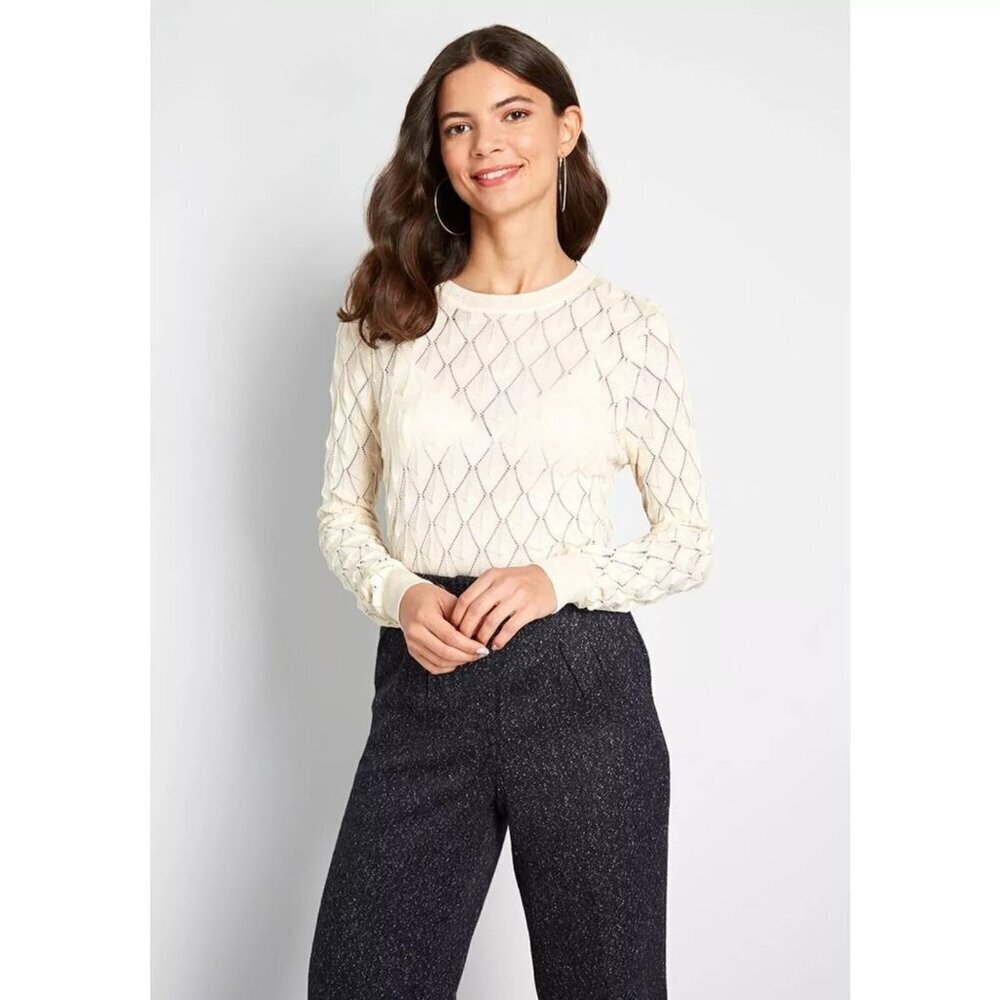 ModCloth Women Looking Lively Geometric Pattern Sweater Size S Ivory